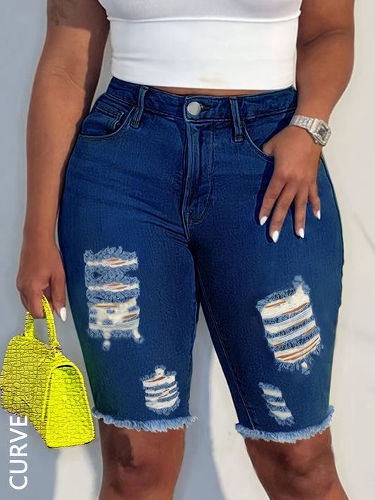 Plus Size Denim Shorts Women's High Waisted Stretchy Ripped Skinny Jeans Shorts with Zipper Button Closure
