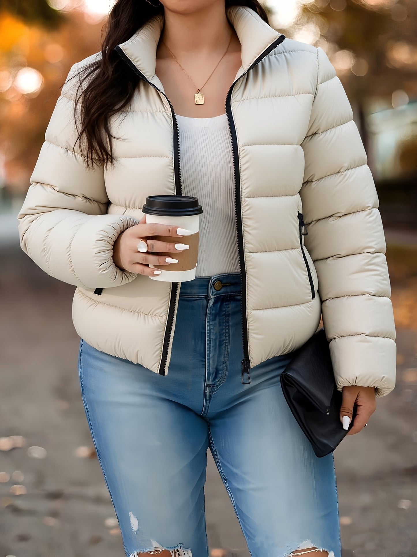 Women's Elegant Winter Warm Full-Zip Jacket with Full-Zip Front Closure, A-Line Silhouette & Stand Collar - Beige/White Coat with Full-Length Zipper, Machine Washable Outerwear for Casual & Formal Events - Cozy Winter Outer J