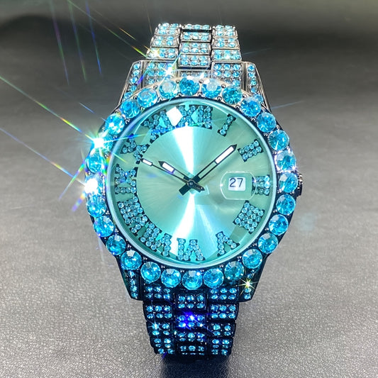 Luxury Ice Blue Rhinestone Quartz Watch for Men & Women - Sparkling Rhinestone-Encrusted Dial, Alloy Case & Band, Date Calendar Display, Battery-Powered Round Party Watch for Mardi Gras, Ramadan, Spring Festival Gifts, Bling