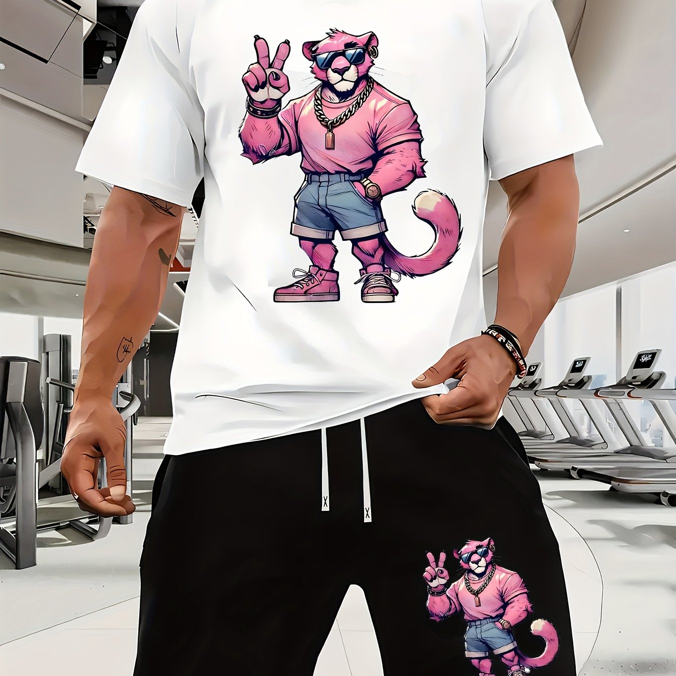 A Casual Sports Set Consisting of a Short-Sleeve T-Shirt Featuring a Stylish Pink Panther Cartoon Print And Fitted Shorts, Perfect for Spring And Summer Outfits.