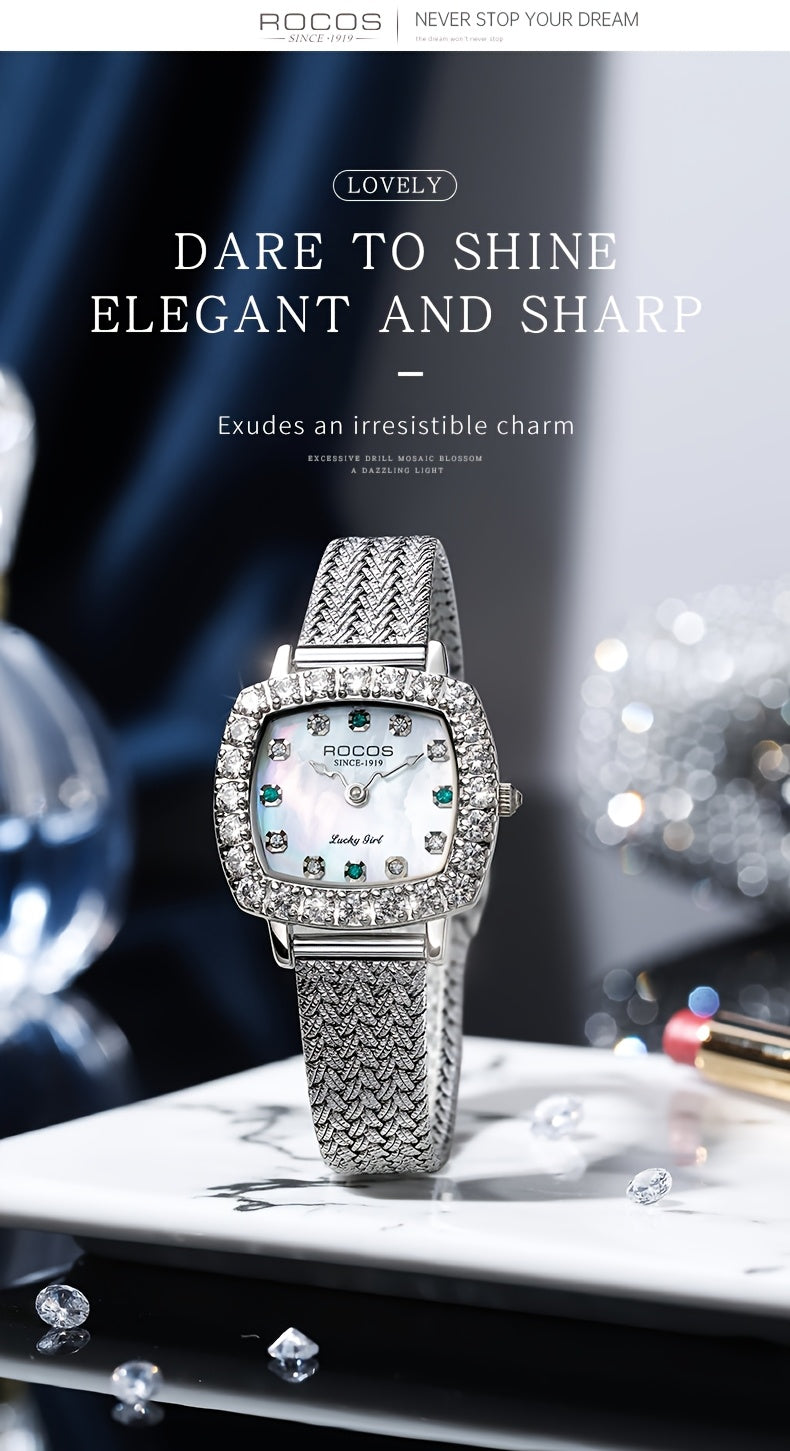 ROCOS Heartwarming Signal Series Fashion Luxury Women'S Watches Square Simple Wristwatch Elegant Rhinestones Watches For Women Quartz Watches Love Heart Hands Dazzling Colour Dial Silvery Steel Strap Gifts For Women R0264