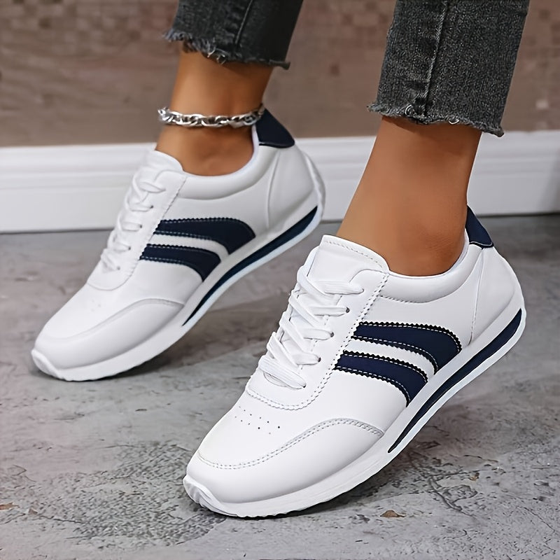 Women's White & Navy Blue Low-Top Sneakers - Soft Cushioned Sole, PU Cover Upper, Lace-Up Round Toe - All-Season Comfortable Walking Shoes (Wide Widths Available) - Casual & Sneakers for, Casual Attire, Shoes For Women, Train
