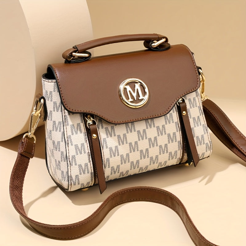 Vintage Geometric Women's Handbag - Large Capacity PU Shoulder Bag with Golden-Tone Hardware, Herringbone Pattern & Letter "M" Design, Detachable Strap, Perfect for Everyday Use (Light Brown/White/Black)