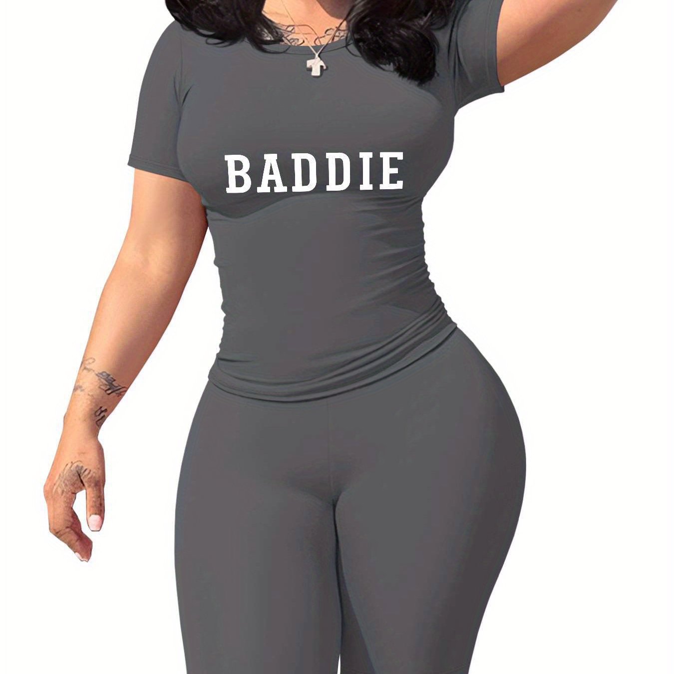 Baddie Women'S SlimFit TShirt and Shorts Set, Premium Baddie Lettering Print, Durable Baddie Graphic Design, Casual Baddie Style Fashion with Soft Fabric, Comfortable and LongLasting Baddie Trend., Allseason Apparel, Trendy O