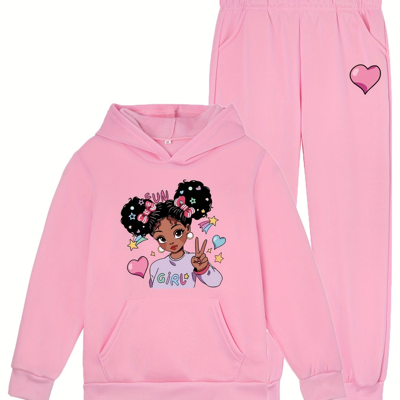 Fashion Cartoon Girl Pattern Print Autumn and Winter Girls' Long Pants Set Casual Hooded Sweatshirt + Joggers 2pcs, Perfect for Outdoor, Casual Attire, Cozy Outfit, Casual Wear, Trendy Design, Durable Material, Long Sleeve To