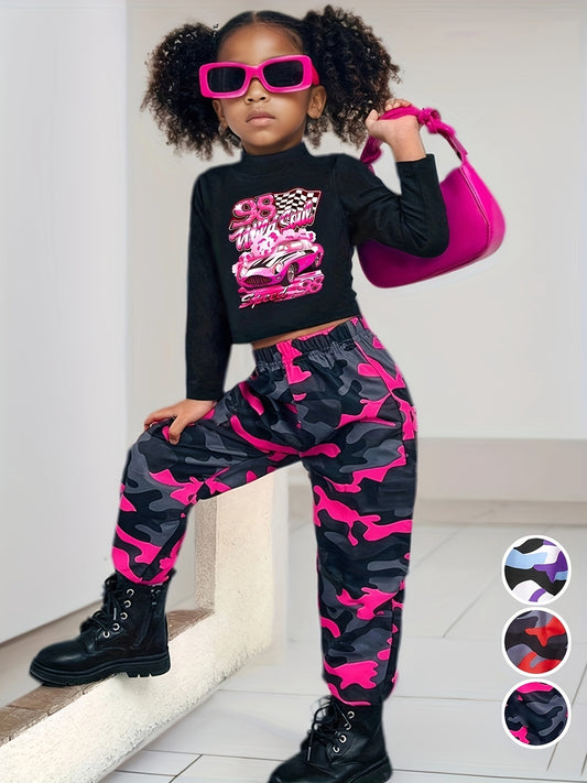Girls 2pcs Set: Black Small High Collar Long Sleeve Pattern T-shirt + Camouflage Work Bag Jogging Pants, Suitable for Autumn, Suitable for 3 Years Old and Above, for Outdoor