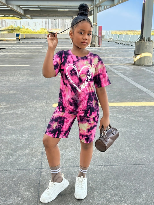2pcs Girls' Summer Outfit Set - Short Sleeve Crew Neck T-Shirt & Shorts, Lightweight Casual Party Wear for Medium to Large Sizes, Vibrant Tie-Dye Design, Perfect for Outdoor Play or Casual Attire, Playful Design, Comfortable