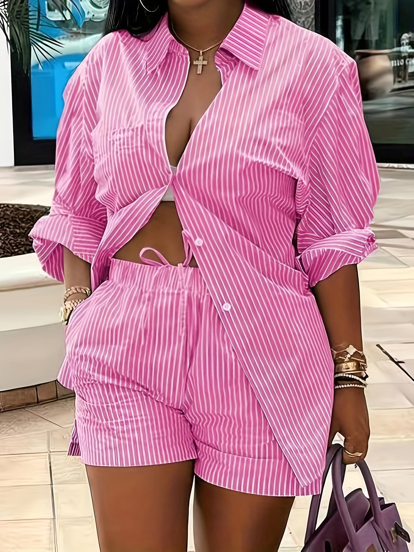 Plus Size Women's Chic Striped Print Two-Piece Set-Long Sleeve Button Shirt and Elastic Waist Shorts with Pockets, Perfect for Spring and Summer Fashion Casual Outings