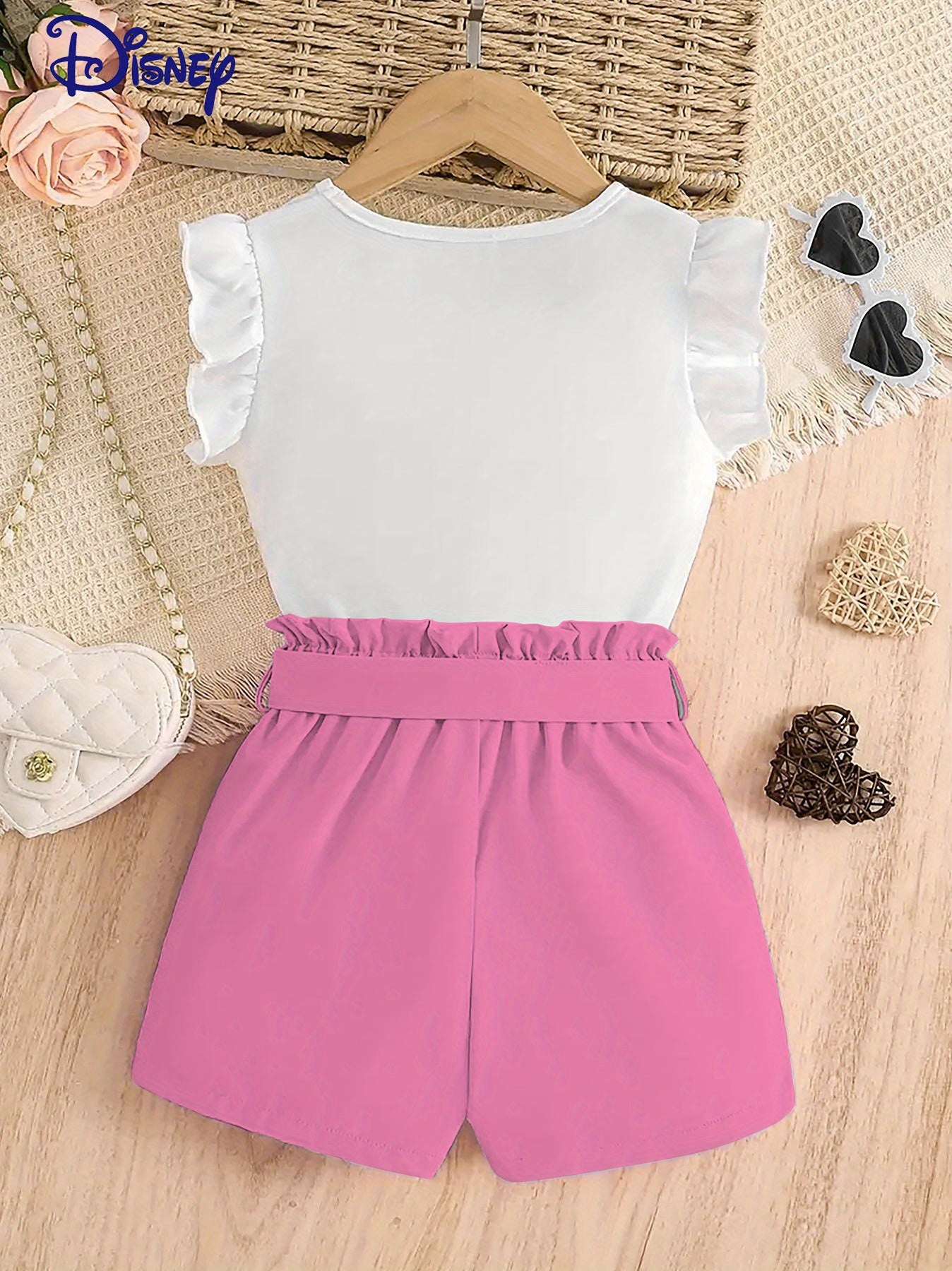 Stitch & Strawberry "Berry Sweet" Two-Piece Kids' Outfit - Cute Cartoon Print Top with Ruffled Edges & High-Waisted Shorts, Perfect for Summer Outdoor Activities, Outdoor Play Attire|Playful Design|Stretchy Fabric