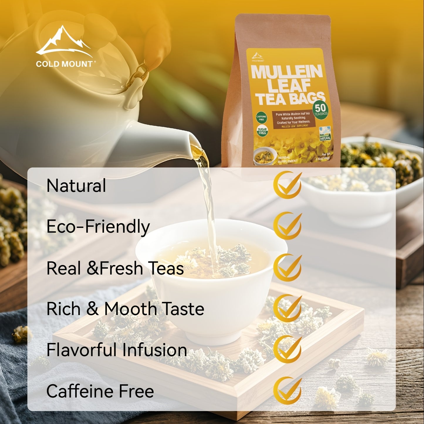 [Natural COLD MOUNT] Natural Herbal COLD MOUNT 50 Mullein Leaf Tea Bags | Caffeine-Free, Sugar-Free For Lung Cleansing & Breathing Health