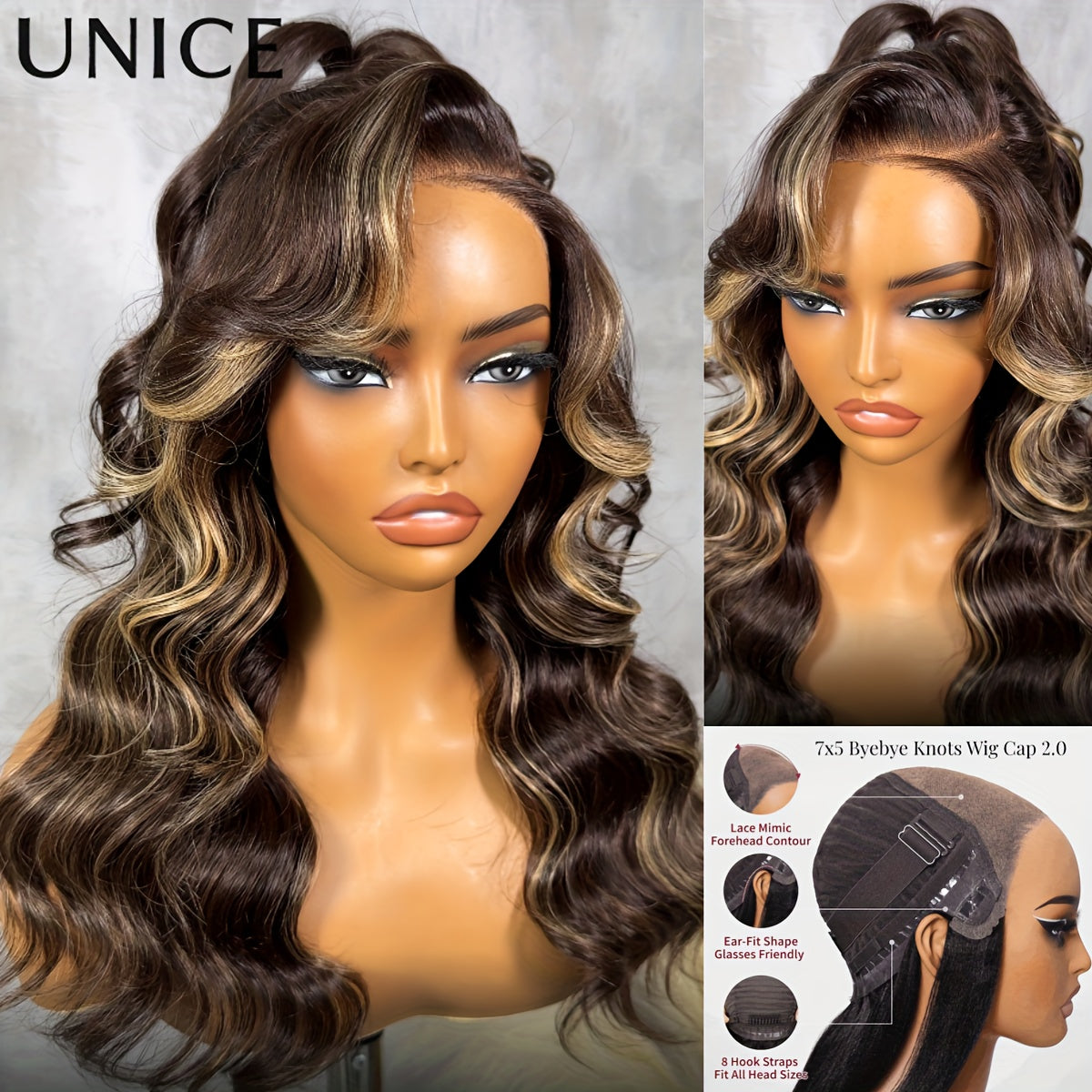 Unice Bye-Bye Knots 7x5 Lace Human Hair Wig - Glueless Hair System with Chocolate Brown & Blonde Highlights, 150% Density Loose Wave Frontal, Pre-Plucked Hairline/Cut Lace, Adjustable Fit for Men & ( for all Sizes)