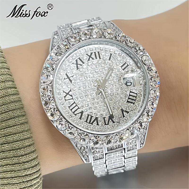 MISSFOX Elegant Quartz Watch for Women - Luminous, Round Alloy Case, Hip-Hop Iced-Out Design with Sparkling Crystals, Perfect for Casual or Formal Wear, Ladies Watches
