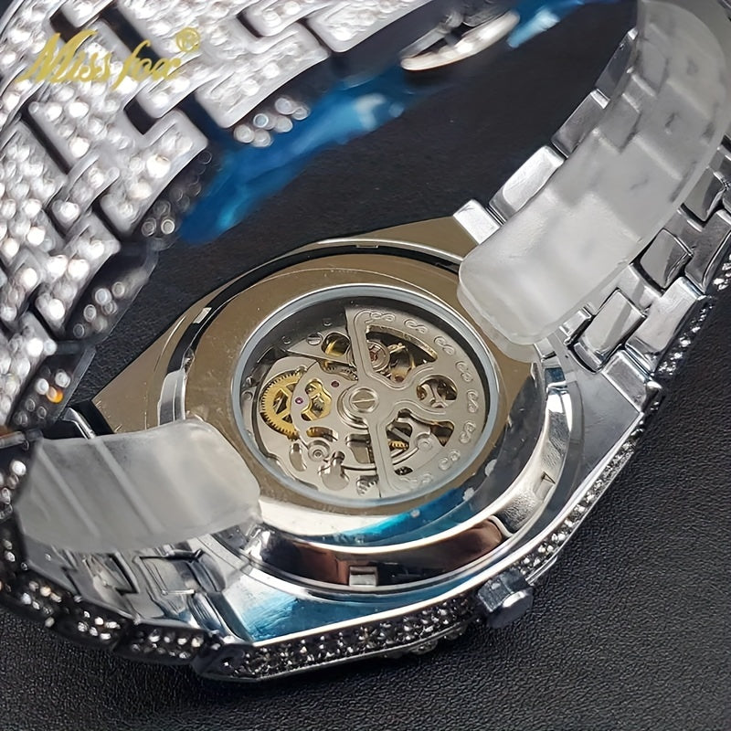 MISS FOX Men'S Luxury Golden Rhinestone Wrist Watch - Hip-Hop Ice Automatic Mechanical Movement, Round Analog Display with Glitter Embellishments, Zinc Alloy Band, Fashionable Large Dial Timepiece for Parties & Formal Events,