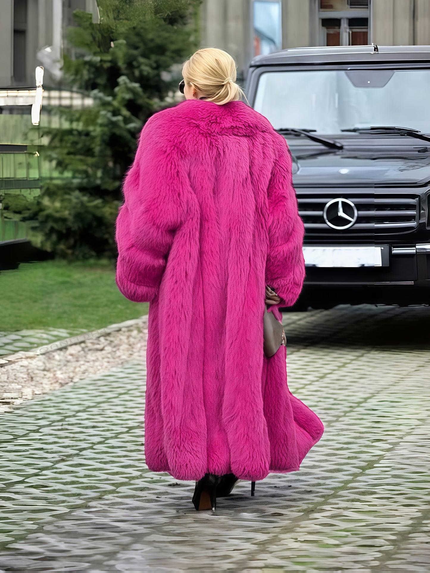 Plus Size - Plus Size Long Faux Rabbit Coat for Women | Stylish and Casual with Elegant Vibe, Non-Stretch Fabric, Lapel Collar, Solid Color, Regular Sleeve, Long Length, Fall/Winter Season