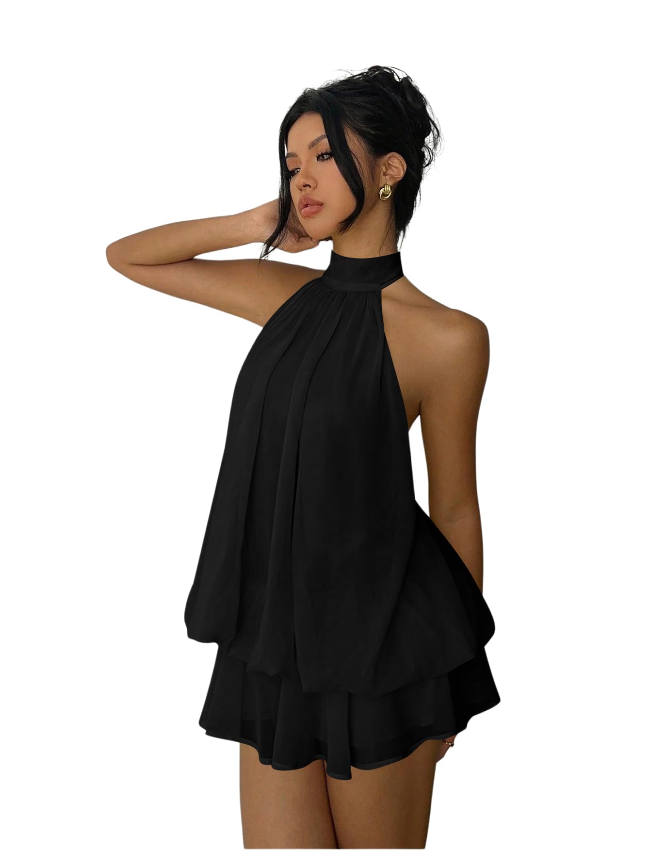 Verdusa Women's Chiffon Halter Drop Waist Wedding Guest Dresses Ruffle Summer Mini Dress Brunch Outfits