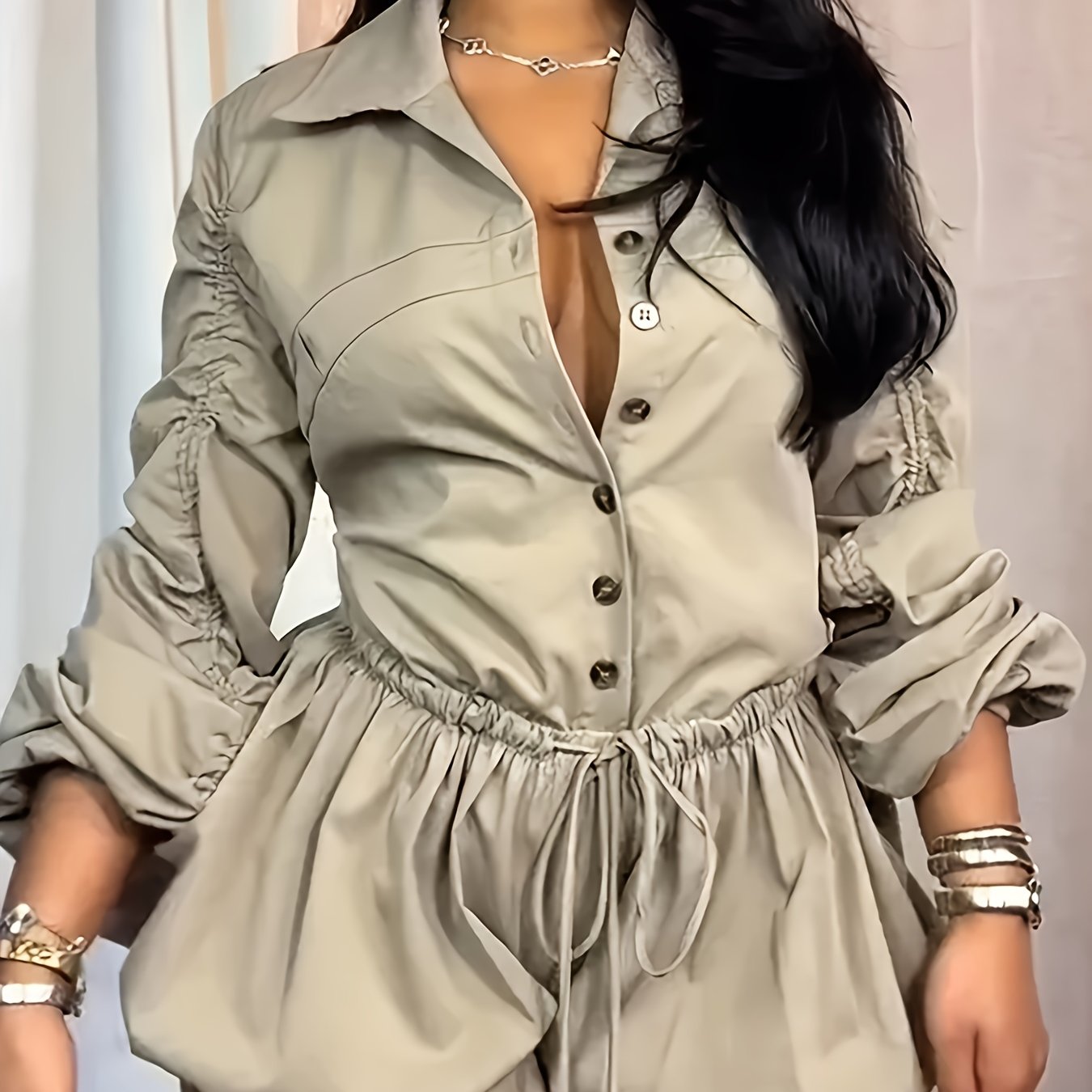 Women's Casual Long Sleeve Jumpsuit with Lace-Up Detail - Beige, Non-Stretch Fabric, Lapel Collar, Romper Style for All Seasons, Casual Wear | Lace-up Detailing | Fabric constructio