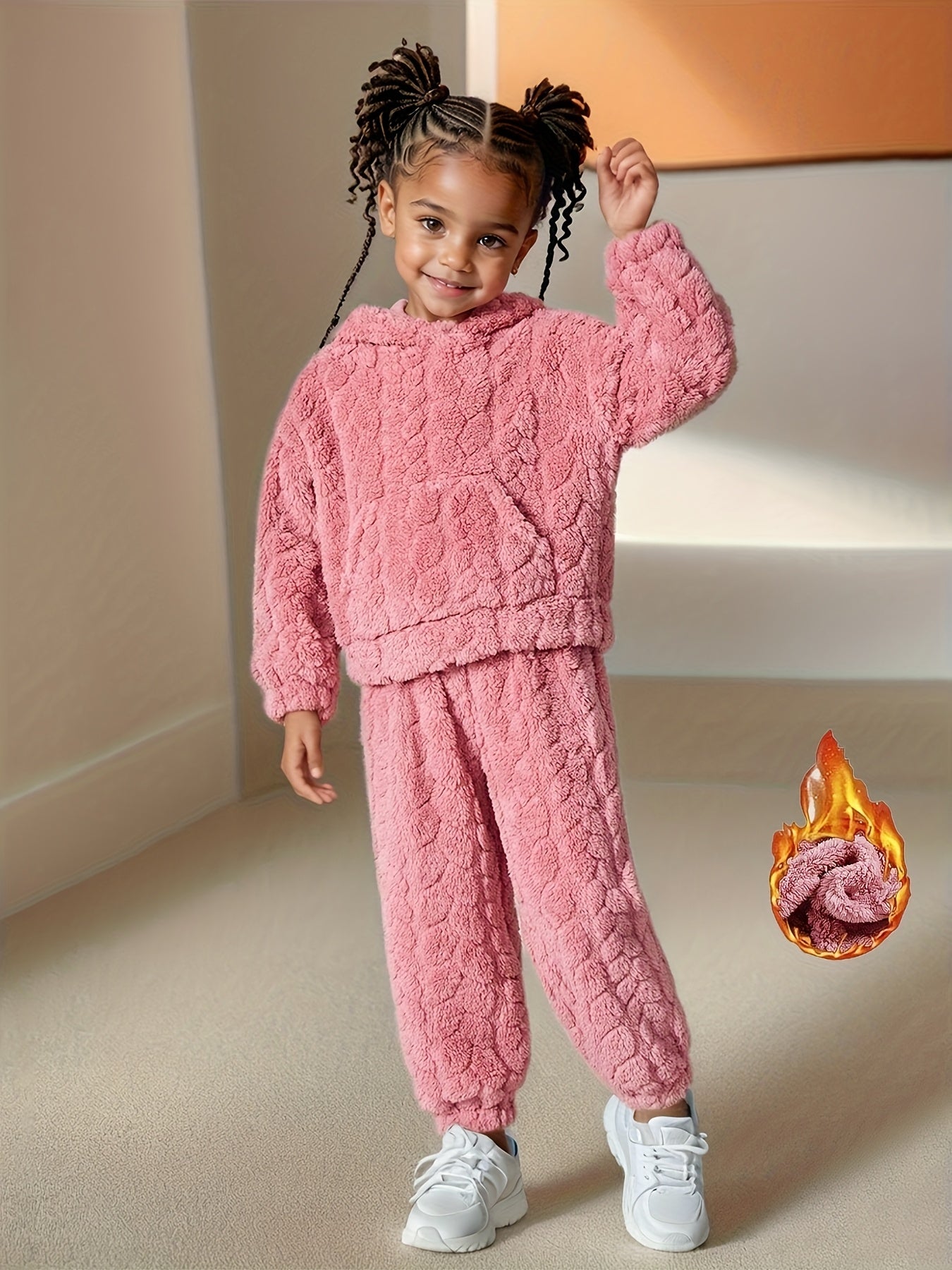 Fashionable Plush Hoodie Set, Warm Winter Sweatshirt And Pants Set, Girls' 2pcs Set, Fashionable Pullover Top & Pants Set, Cold Weather Clothing, Seasonal Outfit, Casual Fashion, Stylish Wear, Comfortable Material, Plush Fabr