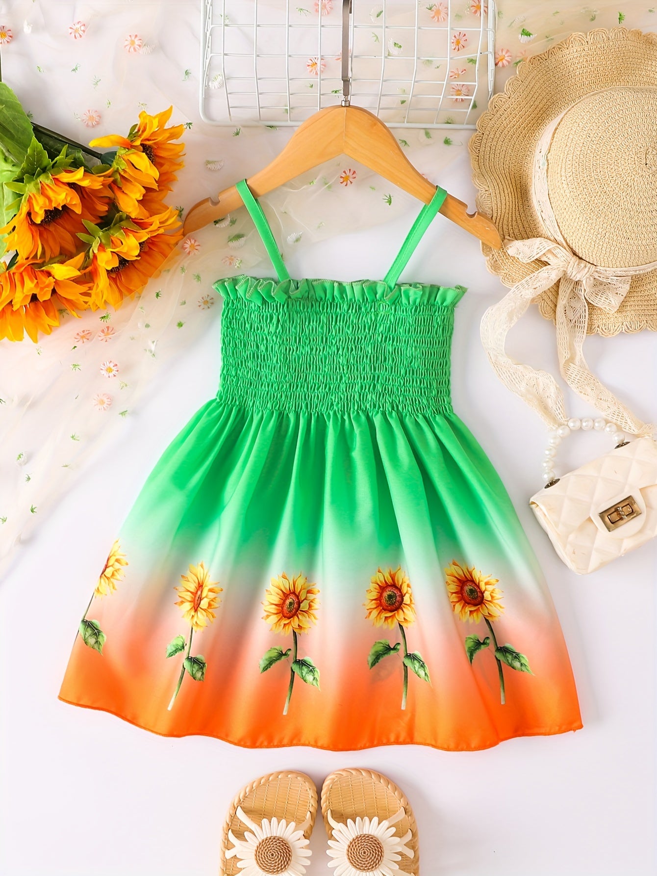 [Sunflower | Girls] Gradient Color Sunflower Princess Dress | Toddler Girls Shirred Cami Frill Trim | For Party Beach Vacation Kids Summer Clothes 4th Of July Outfit