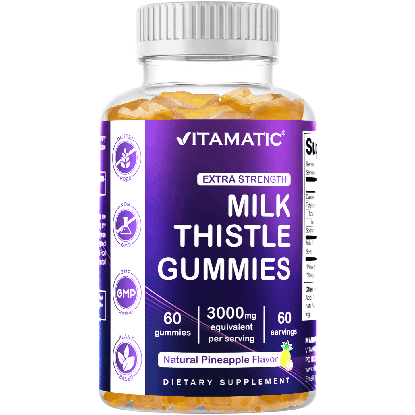 Vitamatic Milk Thistle Gummies - 3000 mg Equivalent - Min. 80% Silymarin Flavonoids - 60 Pectin Based Gummie