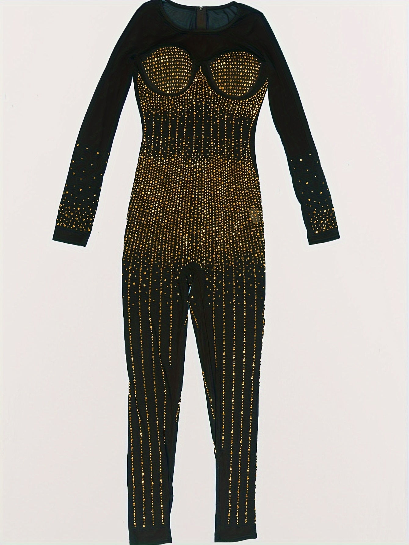 [Rhinestone Jumpsuit] Elegant Rhinestone-Embellished Women's Long Sleeve Mesh Jumpsuit | High Elasticity Form-Fitting Semi-Sheer Evening Gown for Galas, Weddings & Year-Round Wear