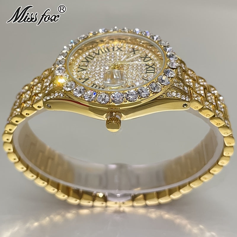 MISSFOX Elegant Quartz Watch for Women - Luminous, Round Alloy Case, Hip-Hop Iced-Out Design with Sparkling Crystals, Perfect for Casual or Formal Wear, Ladies Watches