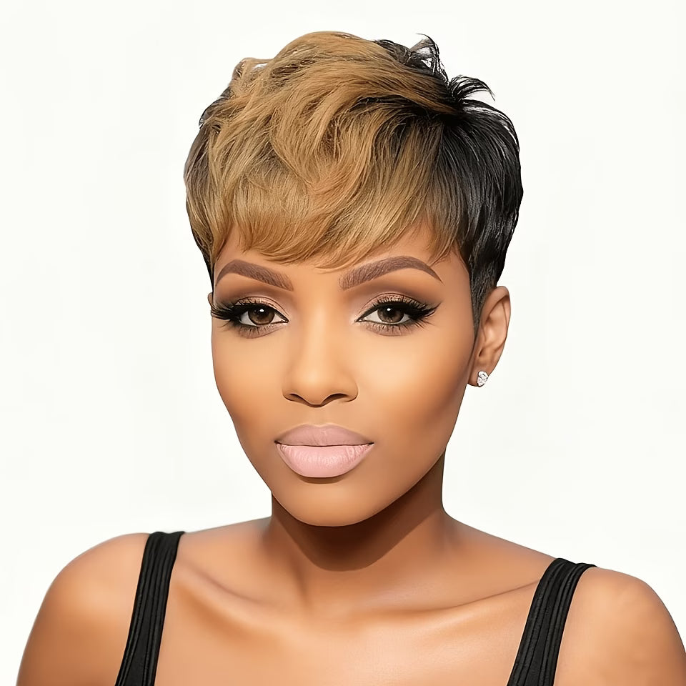 OPQHAIR  Layered Short Straight Pixie Wig for Women Featuring Bangs, Made from 1B/30# Blonde Remy Peruvian Hair.