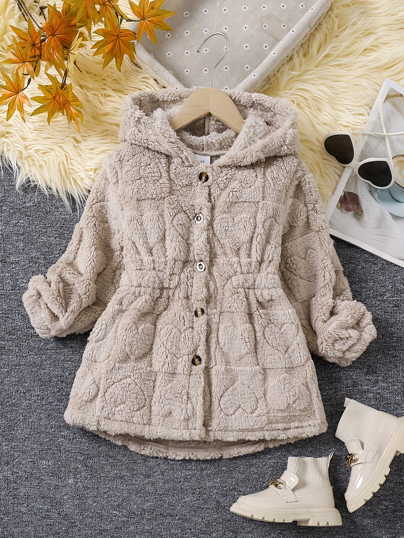 Chic Girls' Hooded Heart Pattern Fleece Cardigan - Cozy & Cute Outerwear for Fall/Winter, Machine Washable