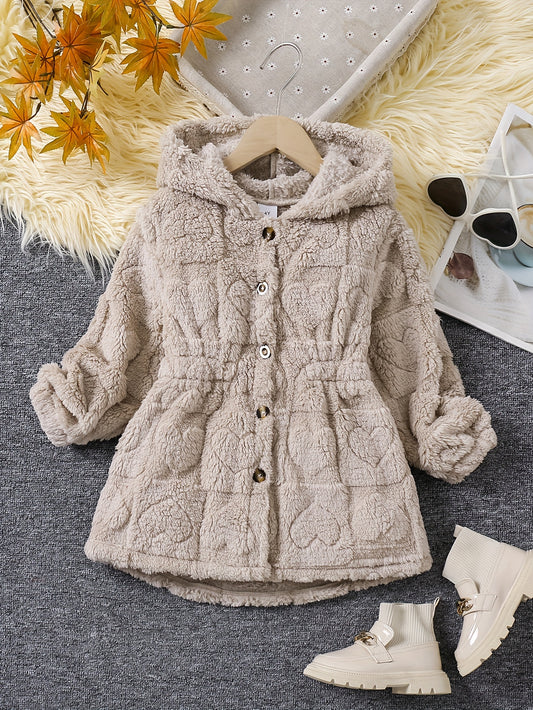 Chic Girls' Hooded Heart Pattern Fleece Cardigan - Cozy & Cute Outerwear for Fall/Winter, Machine Washable