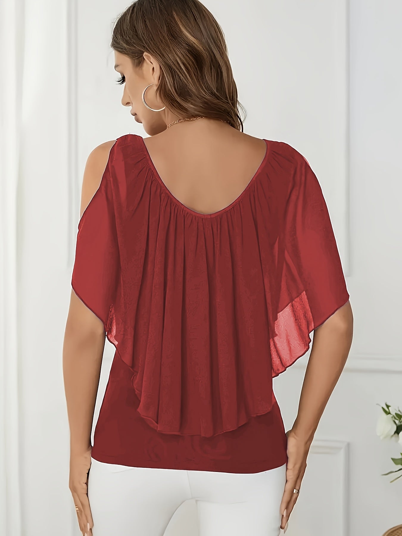 Plus Size - New Spring And Summer Plus-Size Women'S Solid Color Asymmetrical Hem Off-Shoulder Ruffled Chiffon Blouse