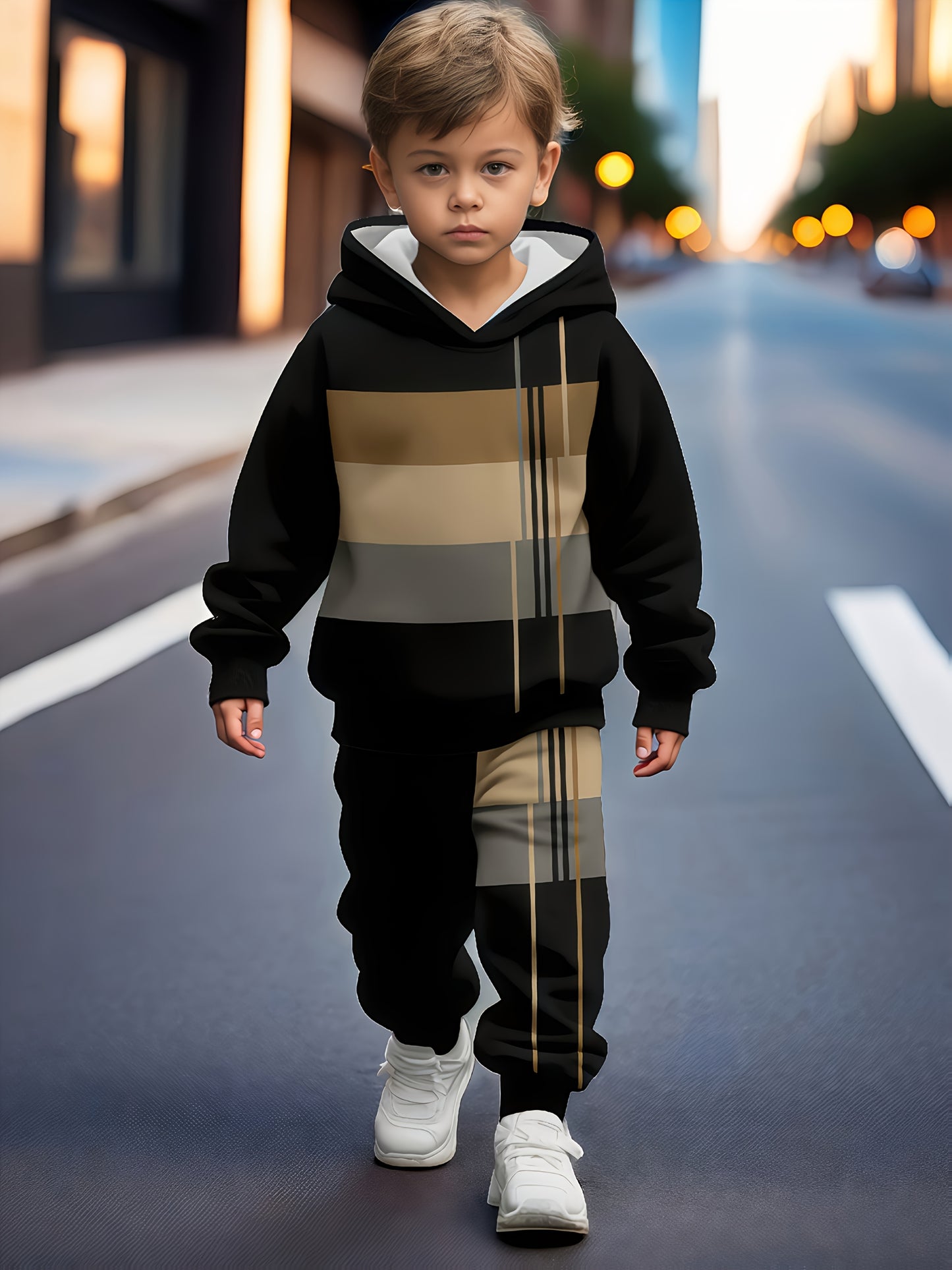 European And American Baby Boys' Autumn/Winter Hot-Selling Two-Piece Set: Color-Block Printed Hooded Sweatshirt + Printed Sweatpants, Perfect for Outdoor
