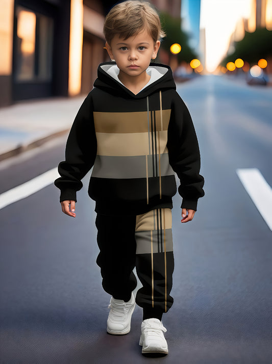 European And American Baby Boys' Autumn/Winter Hot-Selling Two-Piece Set: Color-Block Printed Hooded Sweatshirt + Printed Sweatpants, Perfect for Outdoor