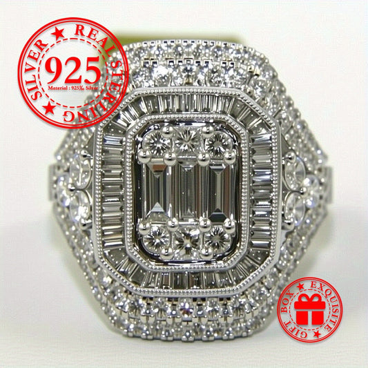 S925 Sterling Silver Women'S Wedding Ring, Plated White Golden, Emerald Cut, Luxurious Group Setting, Wide Vintage, Suitable for Women, Engagement, Everyday Wear, Party, Gift Box