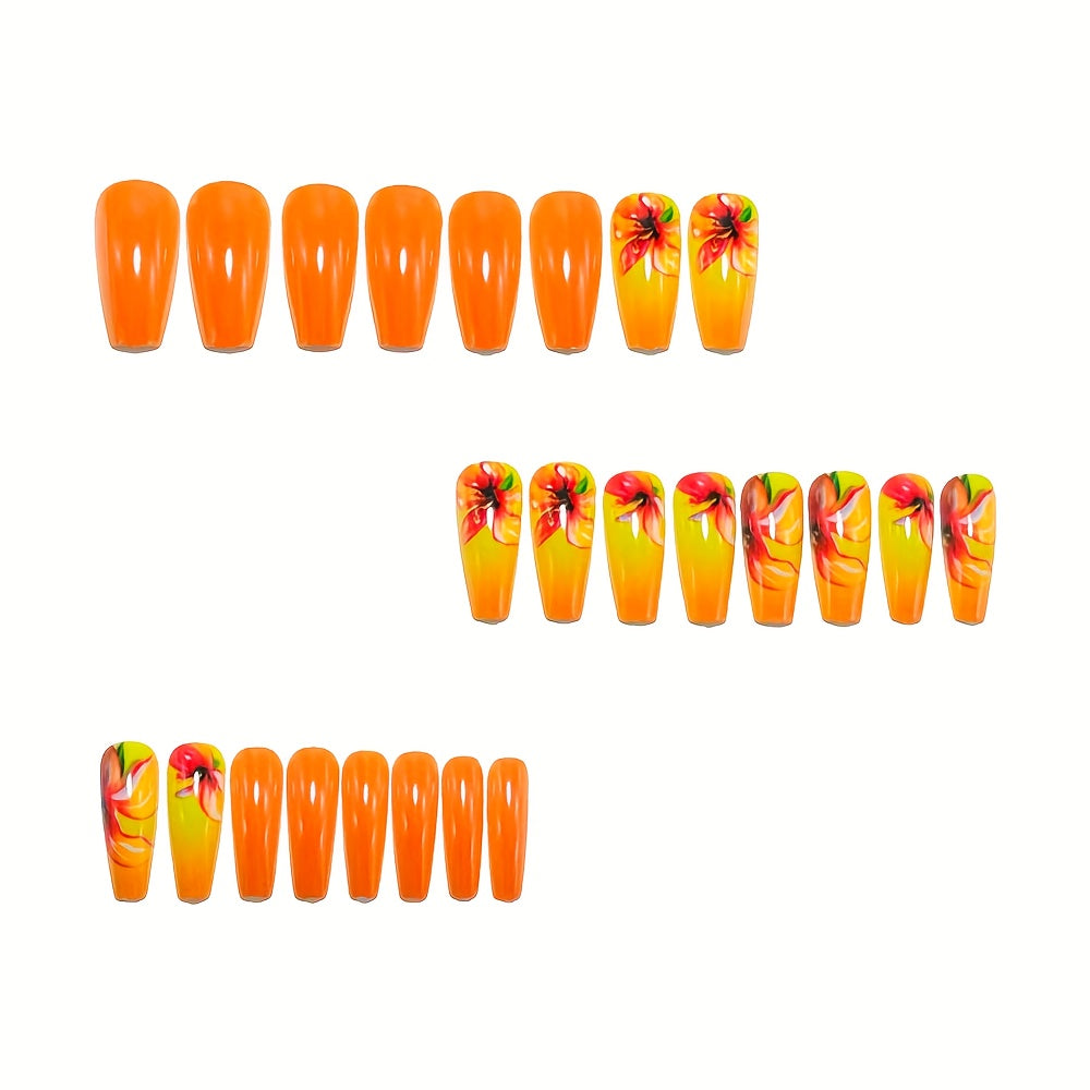 24pcs Ballet Fake Nails with Hand-Painted Orange Gradient Flowers & White tip - Medium Length Press- Nail Patches, Glossy Ballerina Nails Suitable for Dance, Weddings, Parties, Daily Wear