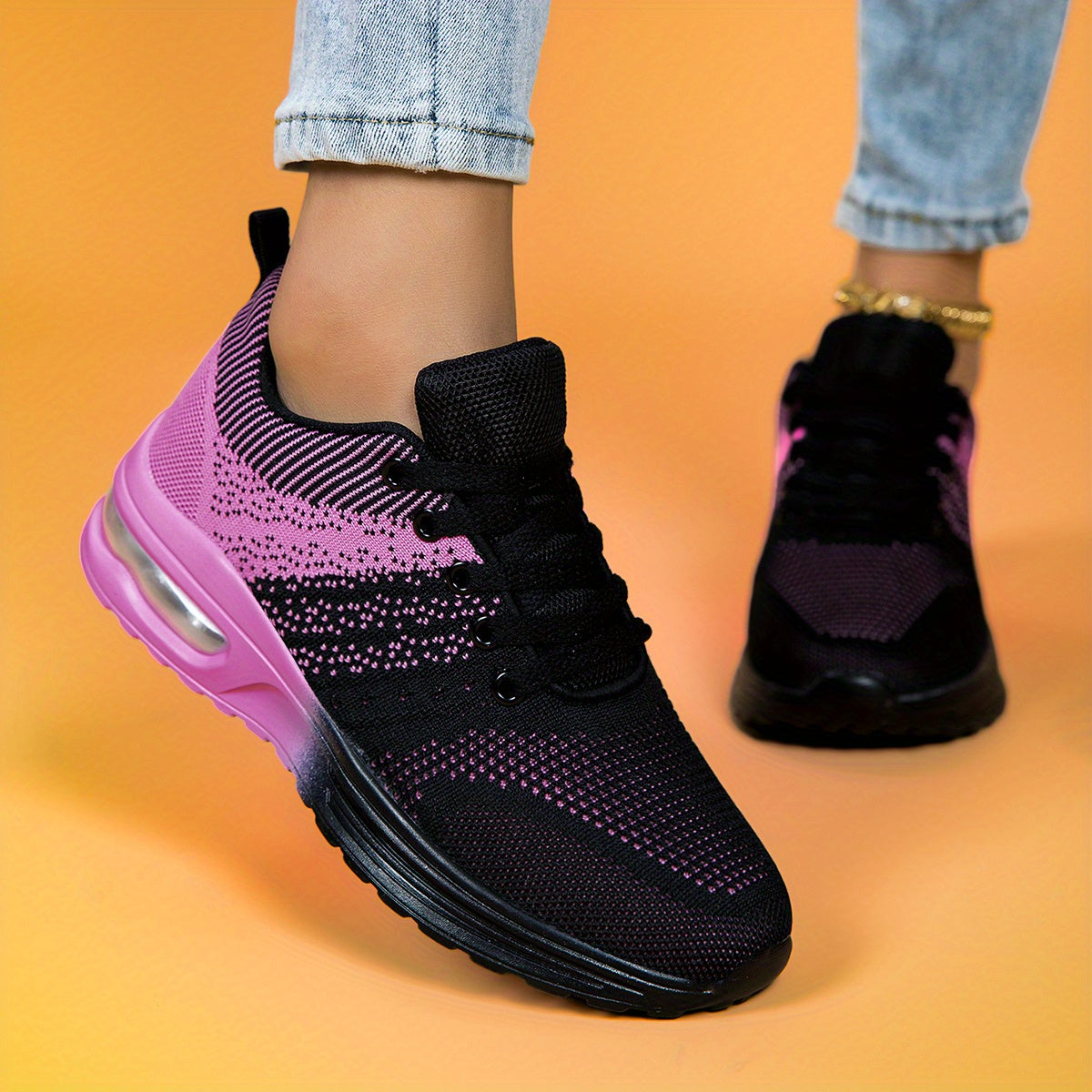 Women's Breathable Mesh Athletic Sneakers - Black & Pink Gradient Design, Air-Cushioned Comfort Sole, All-Season Stability Support, Soft PU Outsole, Fabric Lining, Round Toe Style, Allseason Sneakers | Vibrant Gradient Design