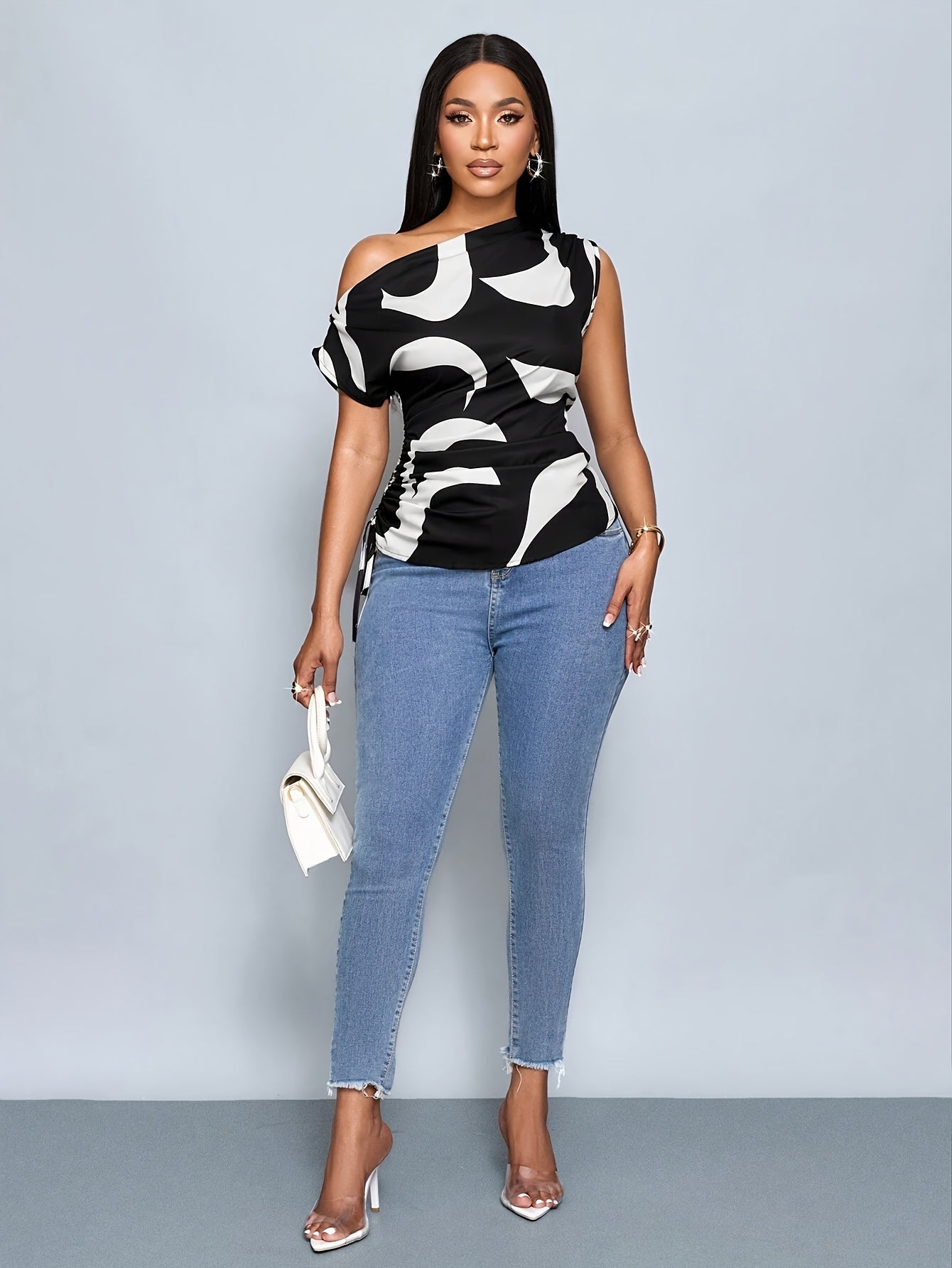 Geometric Printed Asymmetrical Shoulder Drawstring Ruched Side Blouse, Random Print For New Year Clothes One Shoulder Top