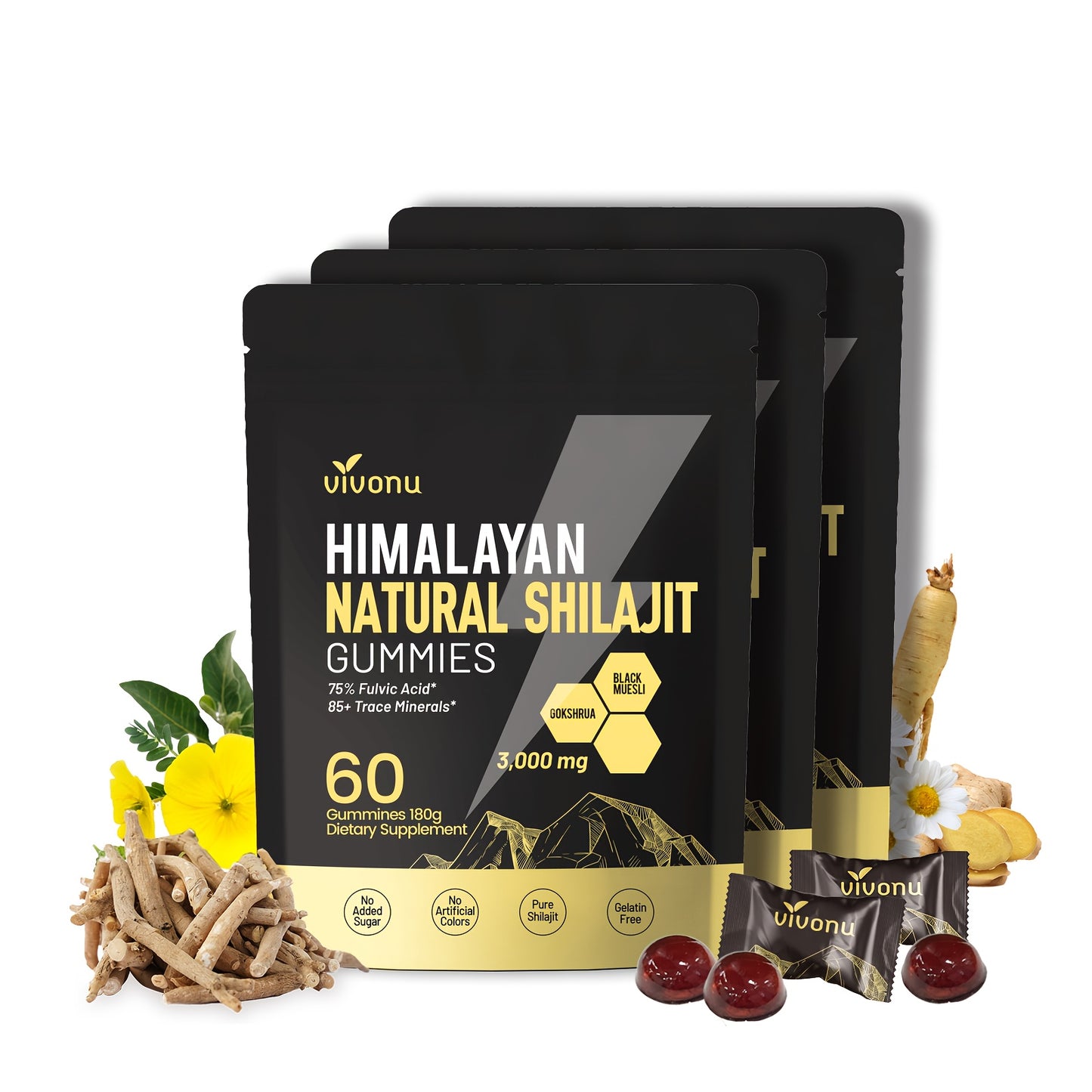 Himalayan Shilajit Gummies | With Ashwagandha, Gokshura & Other Herbs | No Added Sugar | 60 Gummies