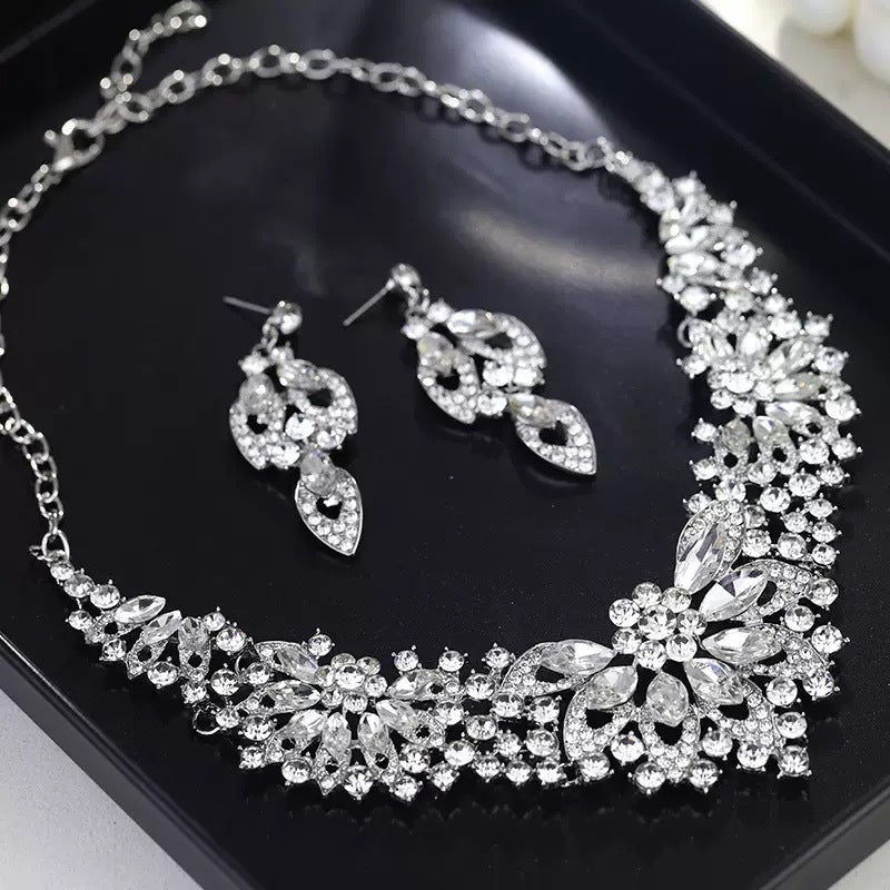 2pcs Bridal Wedding Dress Necklace Earrings Artificial Crystal Set Accessories Gifts Dinner Party