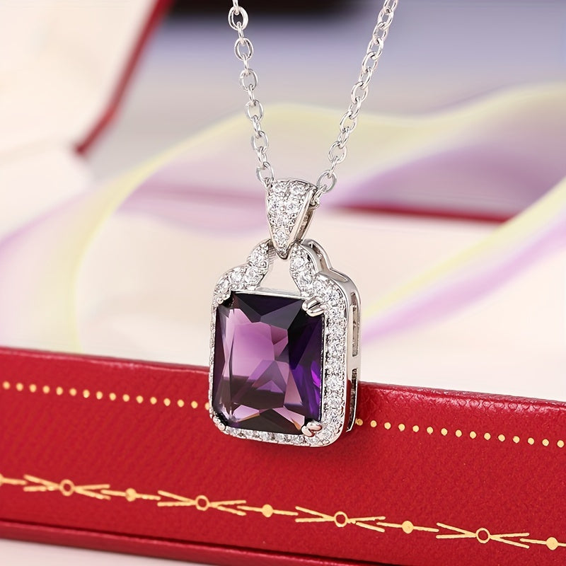 A Women'S Fashion Pendant Necklace Featuring a Vintage Luxurious Design with a Purple Cubic Zirconia Rectangular Cut Pendant, Perfect for Elegant Outfits at Parties And Gatherings, Making It a Stylish Gift for Mother'S Day.