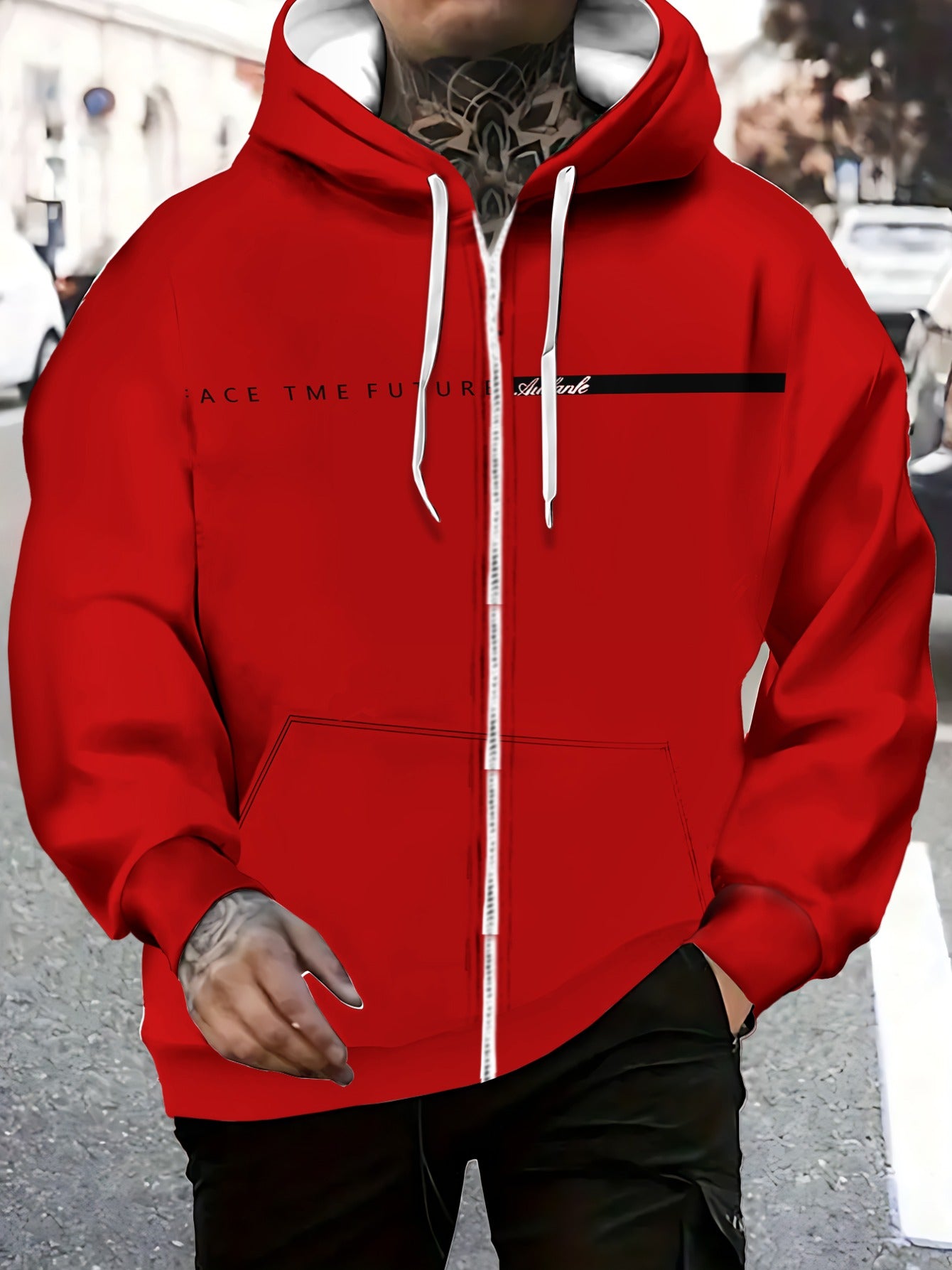 Men'S Red Polyester Hoodie with "FACE TIME" Print - Lightweight, Durable, and Stylish Design, Zip-Up Closure, Perfect for Sports, Travel, and Casual Wear in Various Seasons and Weather Conditions, Casual Wear Hoodie | Trendy