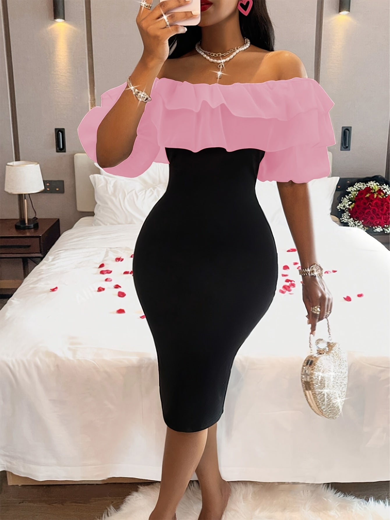 Women's Elegant Off-the-Shoulder Stretch Bodycon Dress with High Slit & Layered Ruffles - Solid Black, Machine Washable, All-Season Versatile for Casual to Formal Occasions, Evening Wear, Feminine Chic Style, Sleek Silhouette