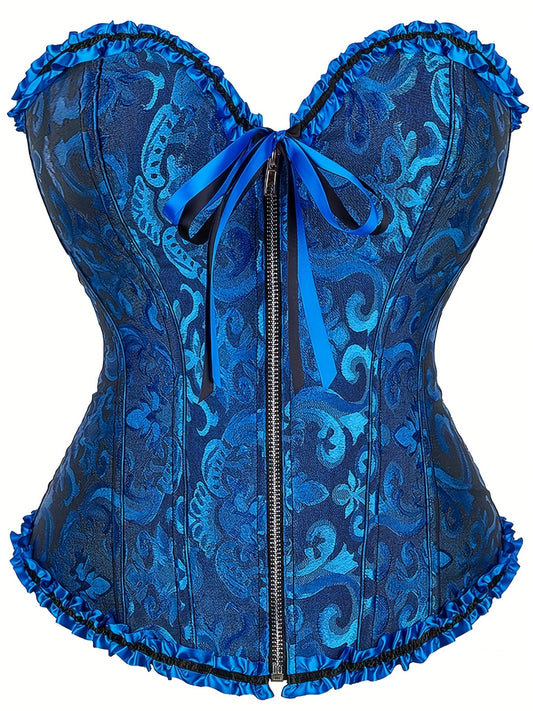 Plus Size Music Festival Elegant Corset, Women's Plus Zipper Frill Trim Lace Up Waist Training Tummy Control Wedding Shapewear