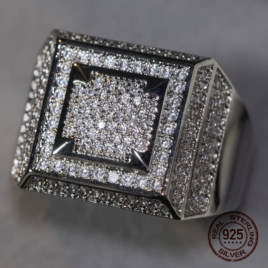 Noble 925 Sterling 925 Silver Rings for Men Dazzling Synthetic Zirconia Geometric Square Trendy Punk Wedding Business Ring Jewelry
