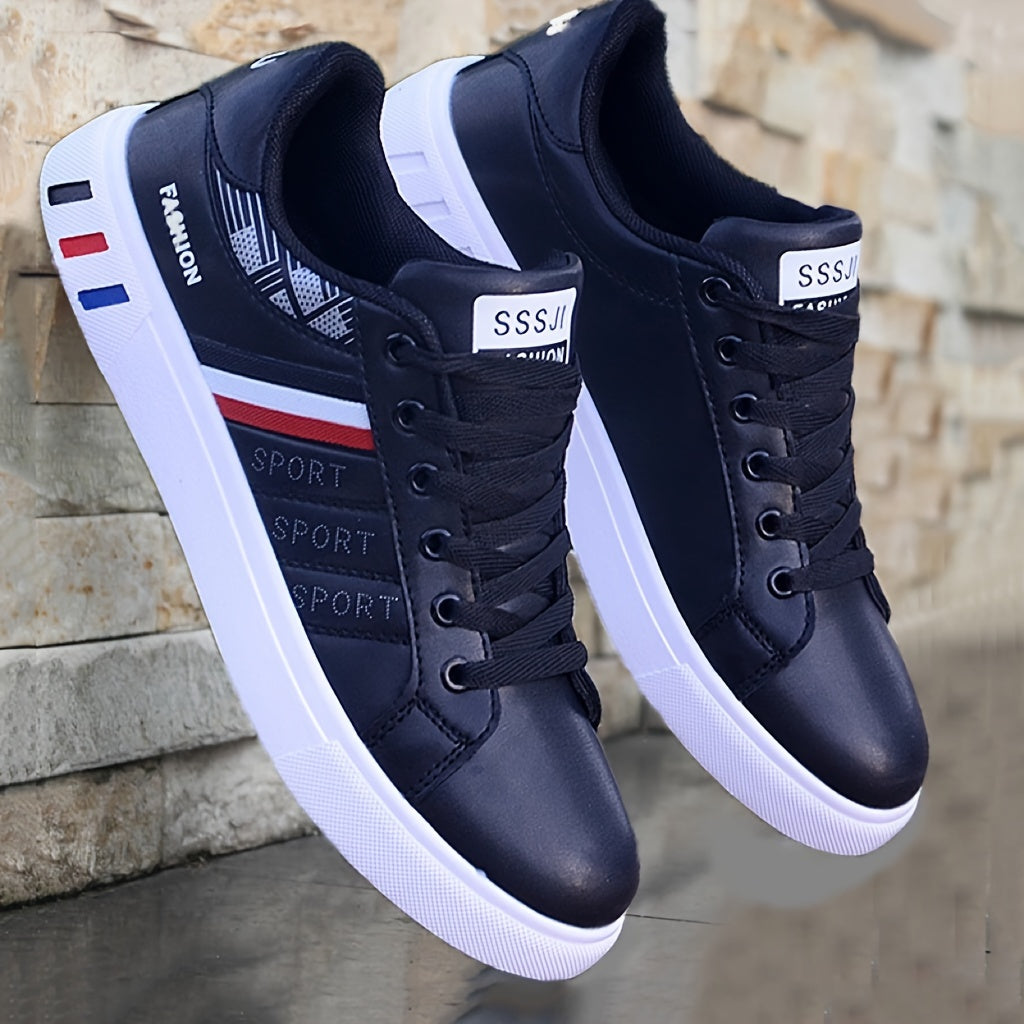 NVSHIXIUXIANPINGDI Women's Casual Flat Sneakers - Sporty White with Blue & Red Stripe, Lace-Up, Lightweight EVA Material, All-Season Comfort Shoes, Cute Shoes