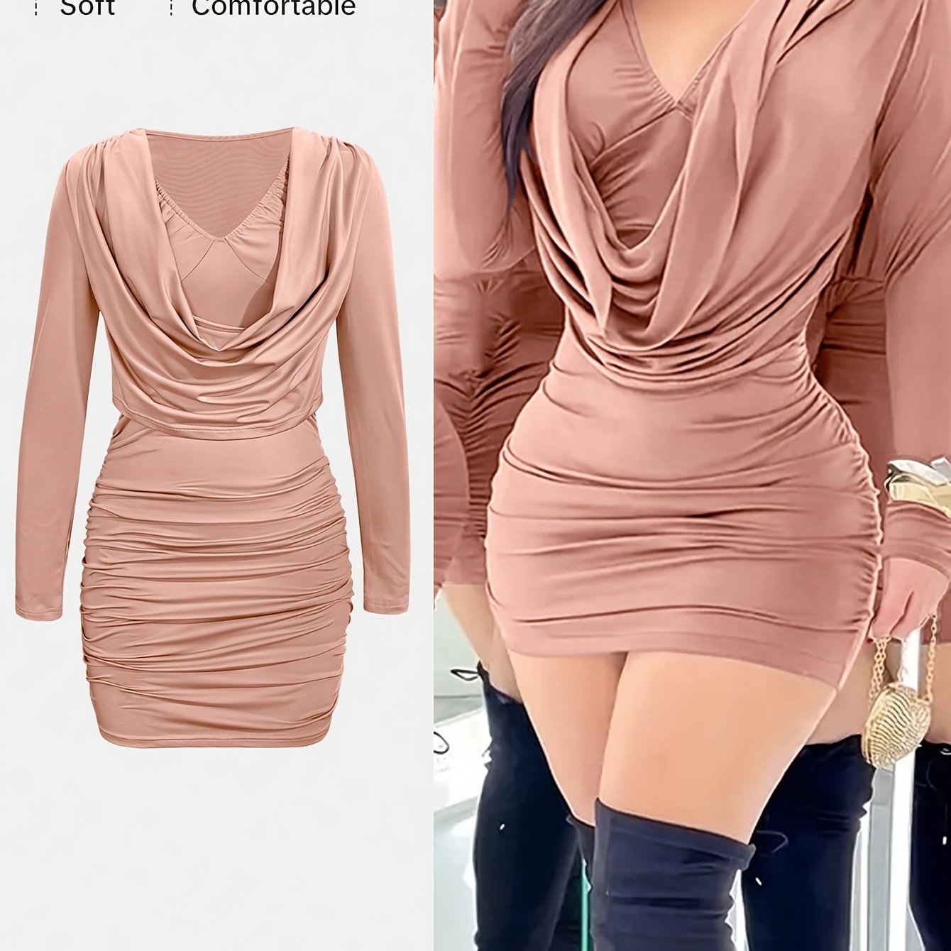 Autumn And Winter Women's Sexy Dresses, V-neck, Solid Color, Tight-fitting, Hip-hugging, Ruffled Design, Short Length, Sexy Hip-hugging Mini Dress.