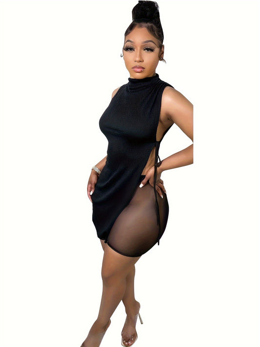 OL6107 - New Women'S Asymmetric High-Waist Mesh Shorts Set with Black Turtleneck Top, Stylish Vacation Attire, Polyester Blend, High Neck, Mesh Detail, Vacation Attire|Asymmetric Top|Polyester Blend