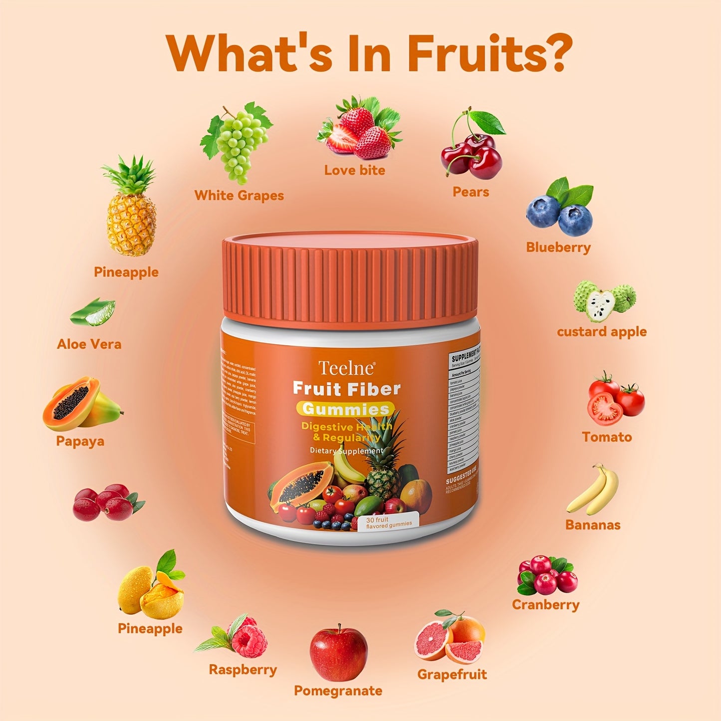 Teelne Fruit Fiber Gummies for Digestive Health & Detox - 30ct, 3g Each, Prebiotic Fiber with Apple & Citrus Bioflavonoids, Allergen-Friendly, Supports Regularity & Immune Function, Gut Health Support | Gummy Supplement | All