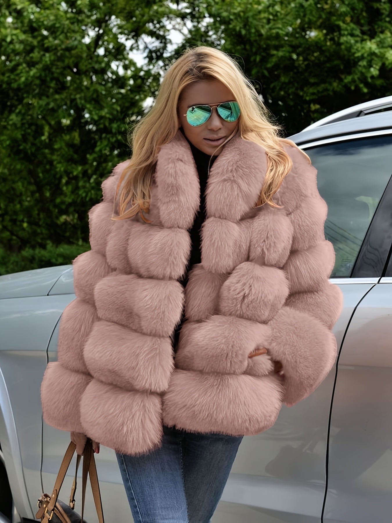 Plus Size, Women's Large Size Thickened Loose Temperament Commuting Solid Color Imitation Rabbit Fur Coat Casual Jacket