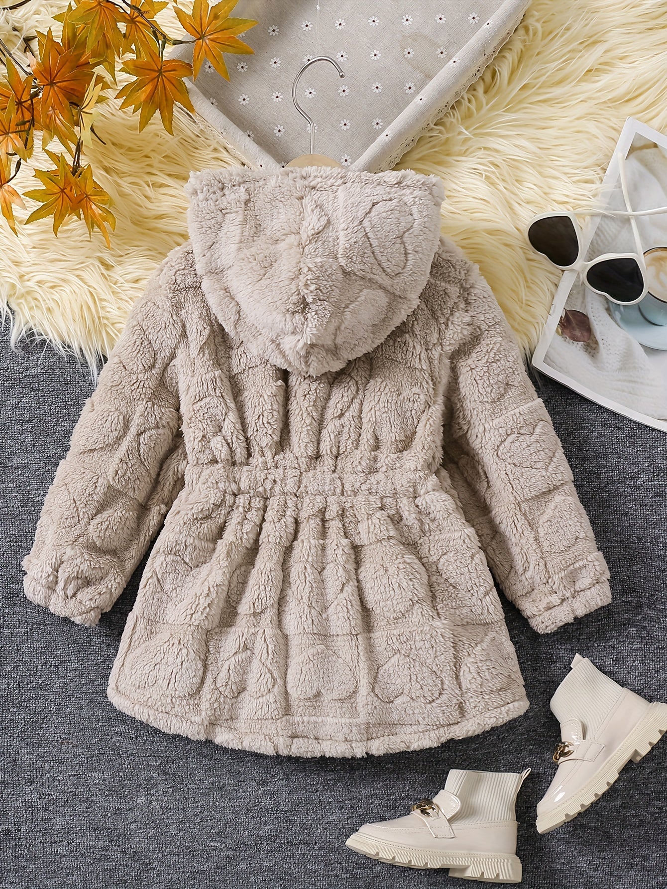 Chic Girls' Hooded Heart Pattern Fleece Cardigan - Cozy & Cute Outerwear for Fall/Winter, Machine Washable