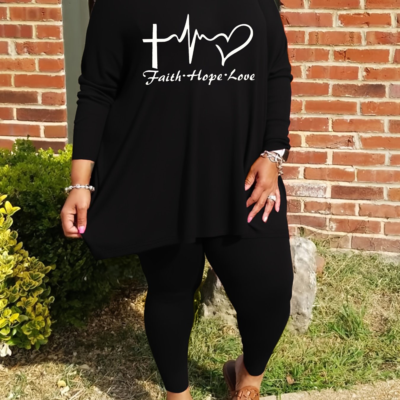 Plus Size - Plus Size - Women'S Plus Size Casual Crew Neck Long Sleeve Top & Pants Set - "Faith, Hope, Love" Letter Print with Pockets, Stretchy Polyester Blend, Black, Everyday Comfort Wear, Everyday Comfort Wear | Relaxed F