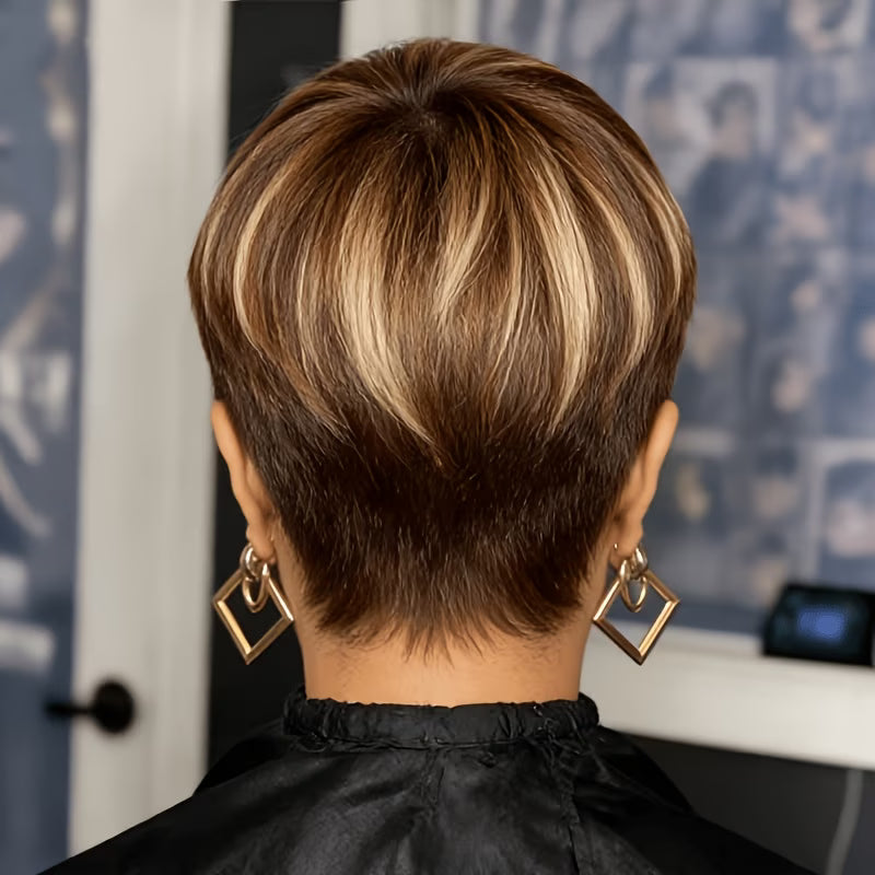 CUKLOP Women'S Short Straight Human Hair Wig Featuring Bangs And Blonde Highlights, Ideal for Various Skin Tones, Natural Brown/Blonde P4/27 Shade, 180% Density Non-Lace Wig Perfect for Everyday Use And Party Hairstyles